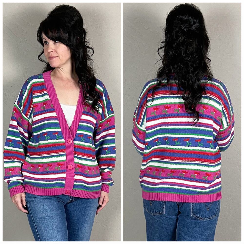 Vintage 1980s Multicolor Floral and Stripe Cotton Cardigan - Picture 4 of 8